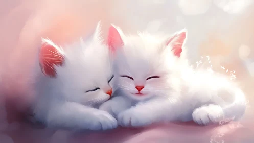 Paired White Kittens with Pink Accents in Dreamlike Ethereal Setting.