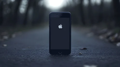 iPhone on Asphalt Surface with Forest Background