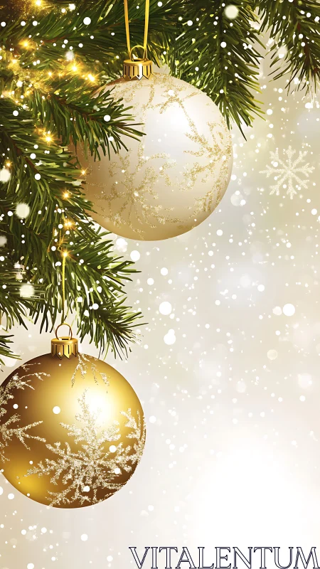 Golden Christmas baubles glow softly on a snowy tree