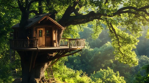 Wooden treehouse structure extends over dense forest canopy