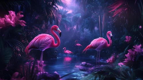 Neon flamingos wading through a bioluminescent jungle pool.