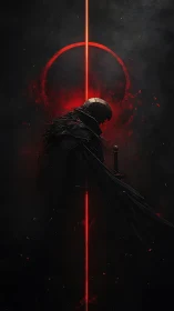 Dark armored figure with sword and vertical red light halo.
