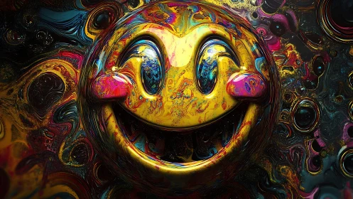 Chromatic liquid-metal smiley with high-gloss specular reflections