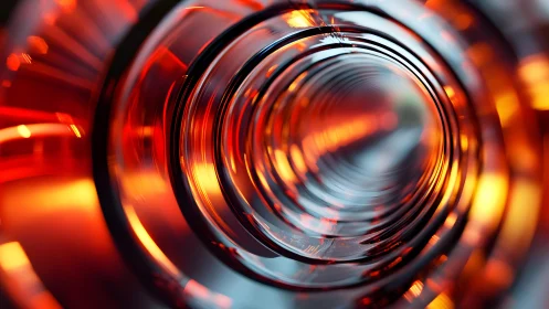 Abstract close-up of glowing orange glass tunnel, futuristic style.