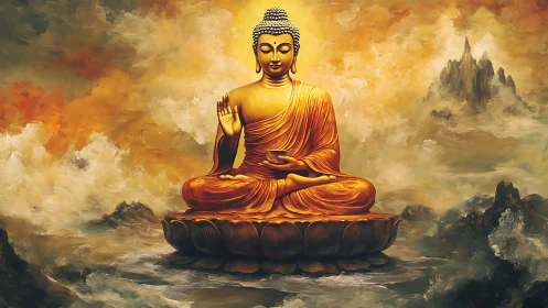 Golden seated Buddha on lotus amid diffuse clouded landscape.
