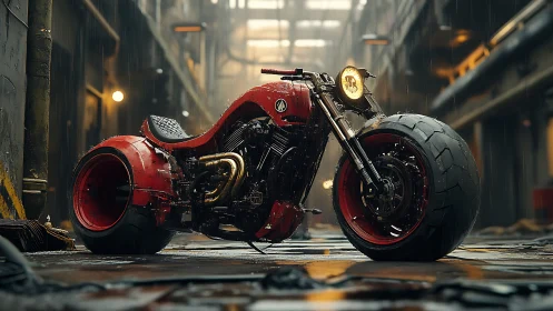 Custom red motorcycle with wide tires in industrial alley.
