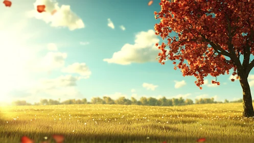 Backlit autumn tree anchors sunlit field with soft depth-of-field