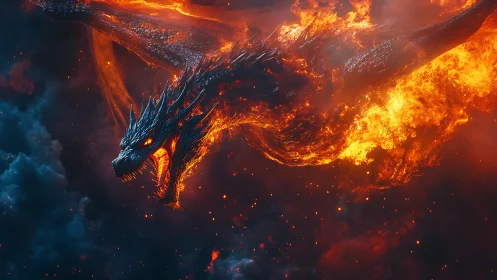 Fiery black dragon erupting from dark storm clouds.