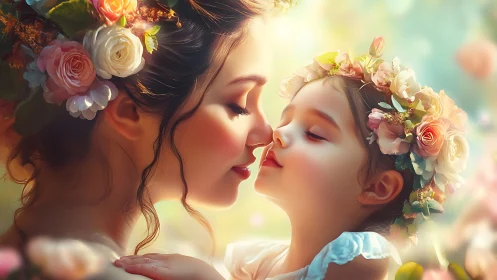 Two figures with floral headpieces in soft-focus composition