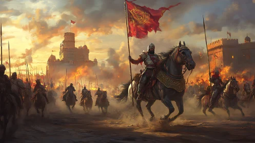Triumphant cavalry charge before burning fortress at dusk.