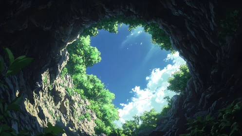Sunlit cave opening gently frames a bright summer sky
