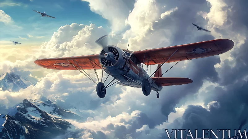 Vintage propeller aircraft flies through dense mountain cloud