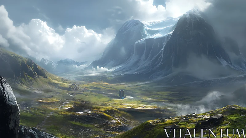 Digital matte landscape with monolithic sci-fi structure.