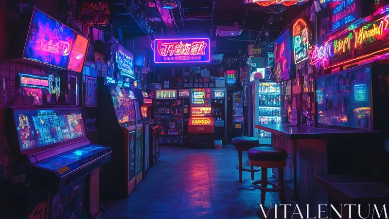Neon-soaked retro arcade bar alive with late night color.