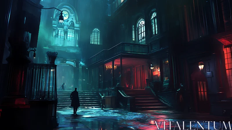 Noir figure in rain soaked neon lit urban courtyard.