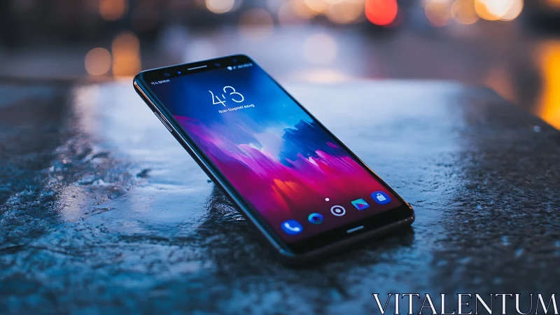 Black Smartphone Displaying Vibrant Gradient Interface on Wet Surface.