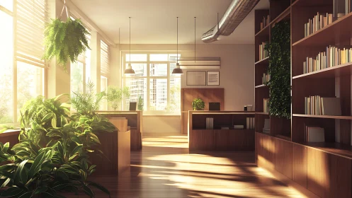Sunlit library office where leafy jungles meet quiet workday.