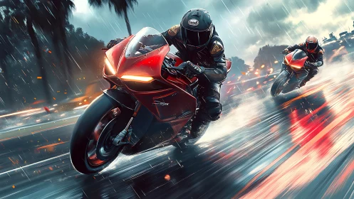 Motorcyclists on red sport bikes racing on wet city road.