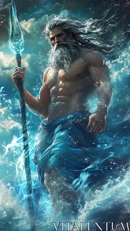 Mythic sea god with trident in stormy ocean waters.