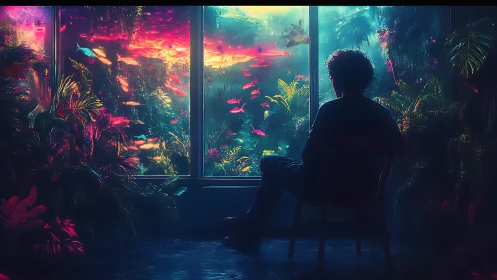 Solitary silhouette observing neon aquatic jungle vista.