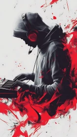 Hooded electronic musician sculpted in red abstract splashes
