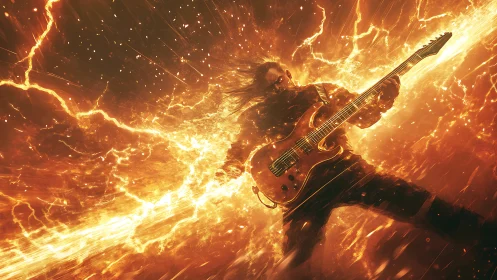 Electric guitarist rides a storm of blazing golden light