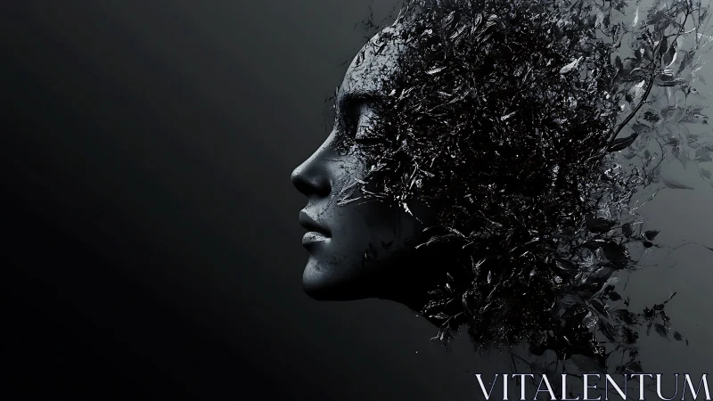 Monochrome female profile dissolving into abstract foliage