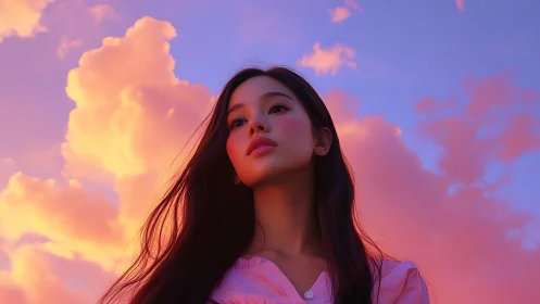 Soft sunset glow embracing a thoughtful girl in pink light.