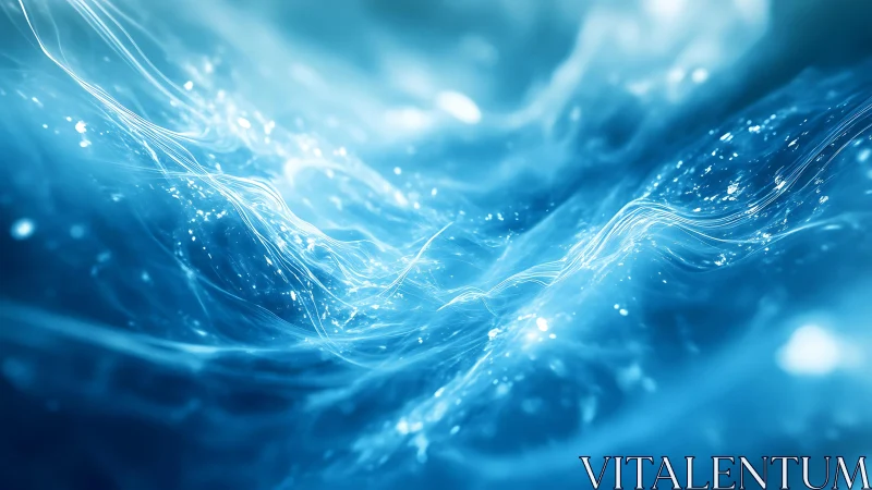 Abstract flowing blue waves with glowing particle accents, digital art.