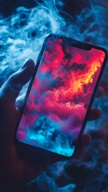 Neon smoke clouds filling smartphone screen in dark handscape.