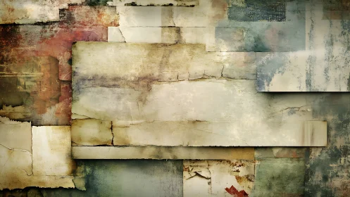 Layered weathered paper collage with muted earth textures.
