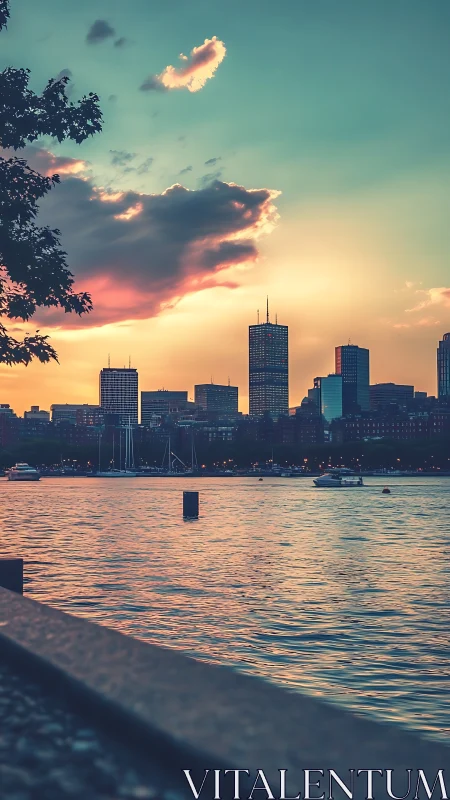 Urban waterfront skyline under colored evening sky.