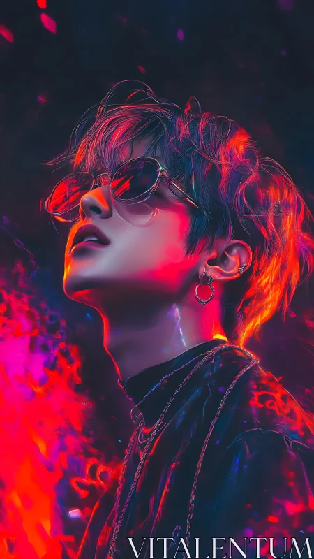 Neon drenched dreamer soaking in electric night glow.