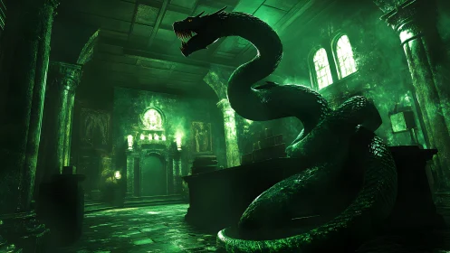 Giant serpent in ancient green-lit chamber, dark fantasy digital art.