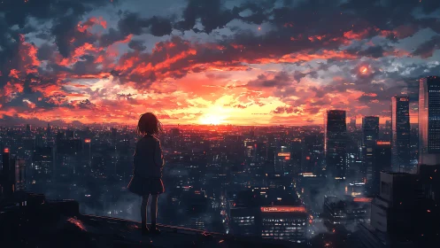 Solitary silhouette observes neon city under incendiary sunset