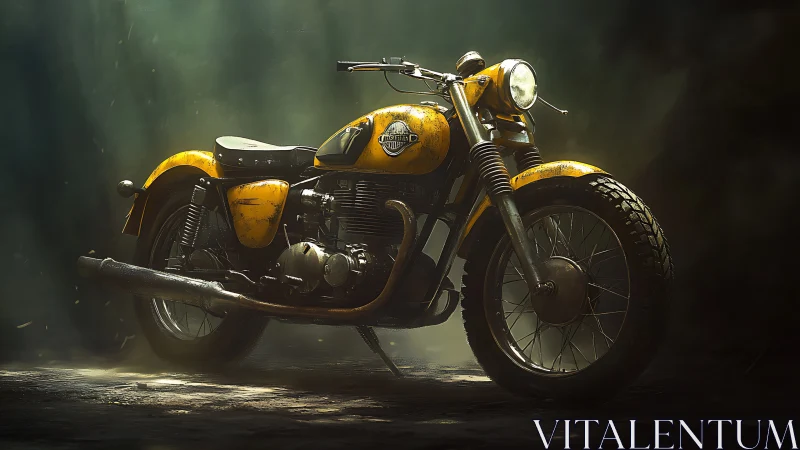 Vintage yellow motorcycle is rendered in directional studio light