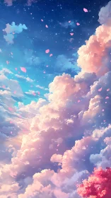 Vertical digital sky scene depicts stratified clouds and petals