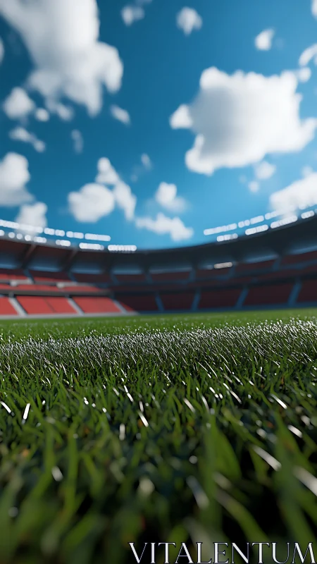 Low-angle depth-of-field view across sunlit stadium grass field