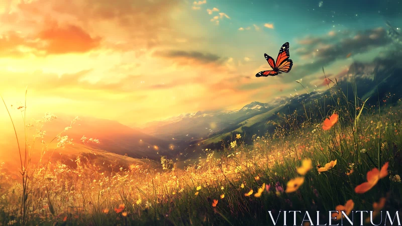 Monarch butterfly over sunlit wildflower hillside at dusk