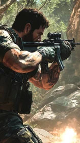 Jungle marksman braced in sunlight, muscle and muzzle poised.