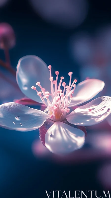 Soft pink cherry blossom macro on deep blue background.