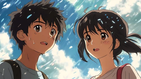 Two anime teens look upward under bright sky with rain