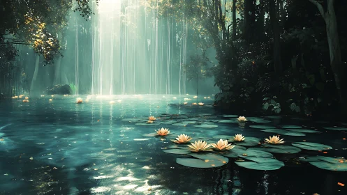 Mystical forest lagoon with luminous waterfall veils.