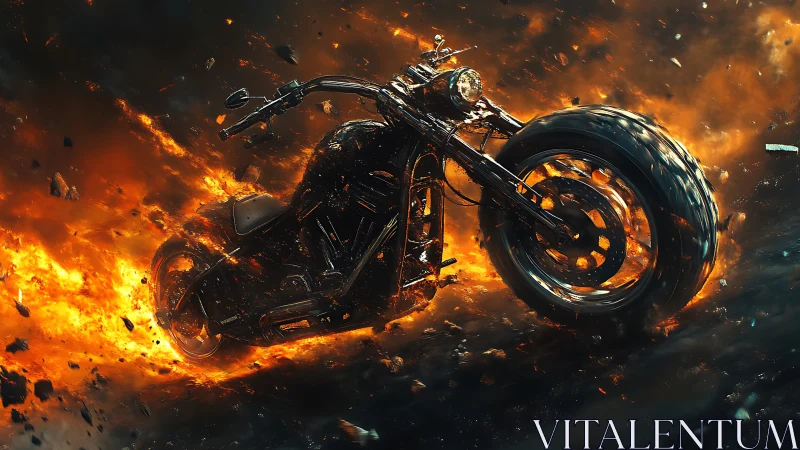 Flaming cyber chopper slices through molten debris storm.