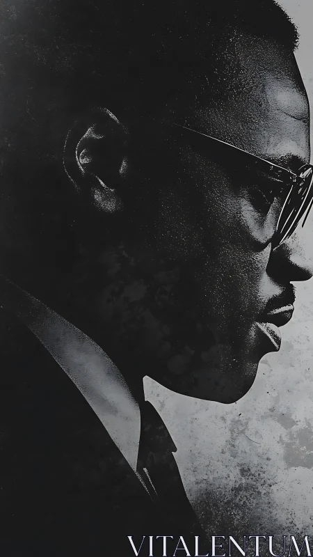 Monochrome side profile of suited man wearing sunglasses