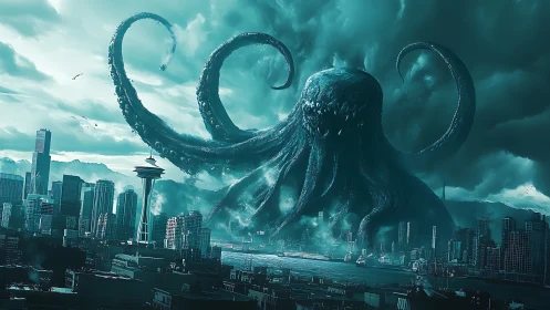 Colossal sea monster looming over storm-darkened cityscape.