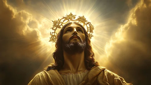 Religious figure with radiant crown against clouded sky.