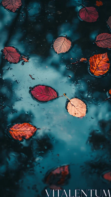 Autumn leaves drift on teal-toned water in shallow focus