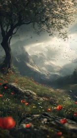 Mountain meadow under storm-lit sky with flowering tree and birds