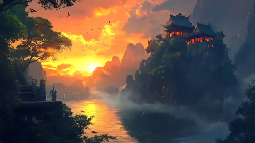 Mountain lake temple complex at sunset with distant figure.